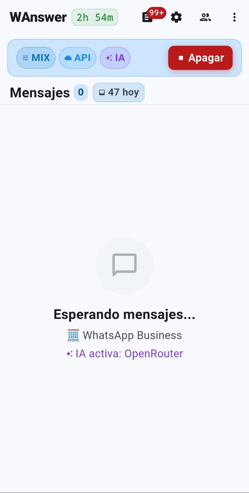 Pantalla principal de WAnswer mostrando el dashboard con bot activo y estadísticas en tiempo real