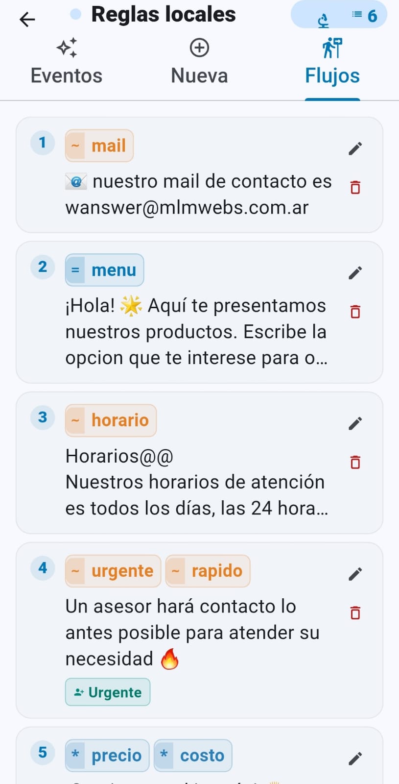 Editor de reglas locales de WAnswer con triggers y respuestas personalizadas